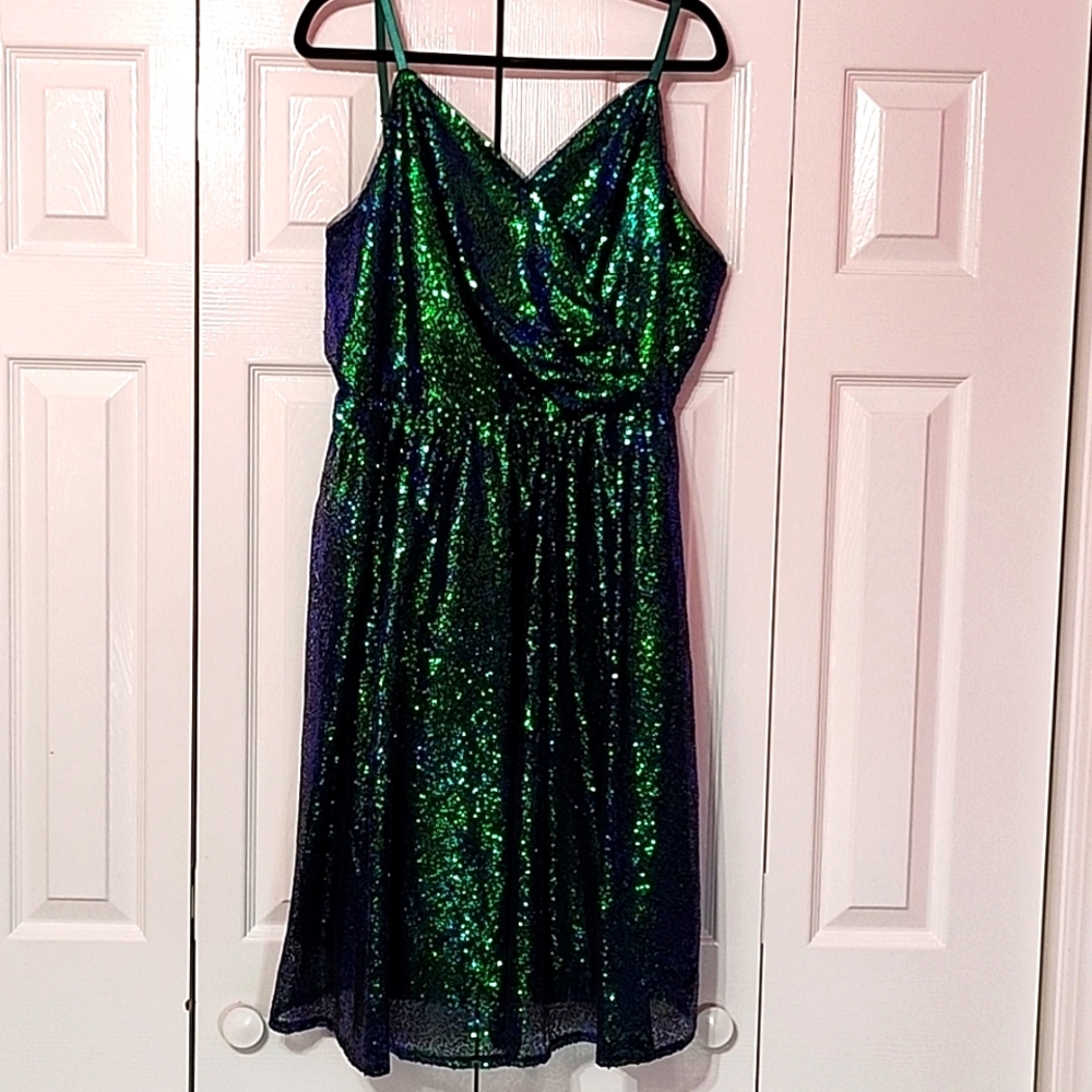 Green and Blue Shifting Sequins Party Dress SZ 2X